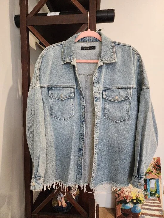 Mavi Oversized Denim Jacket Raw Hem Light Wash Cotton Women’s S M L Casual - Picture 1 of 6